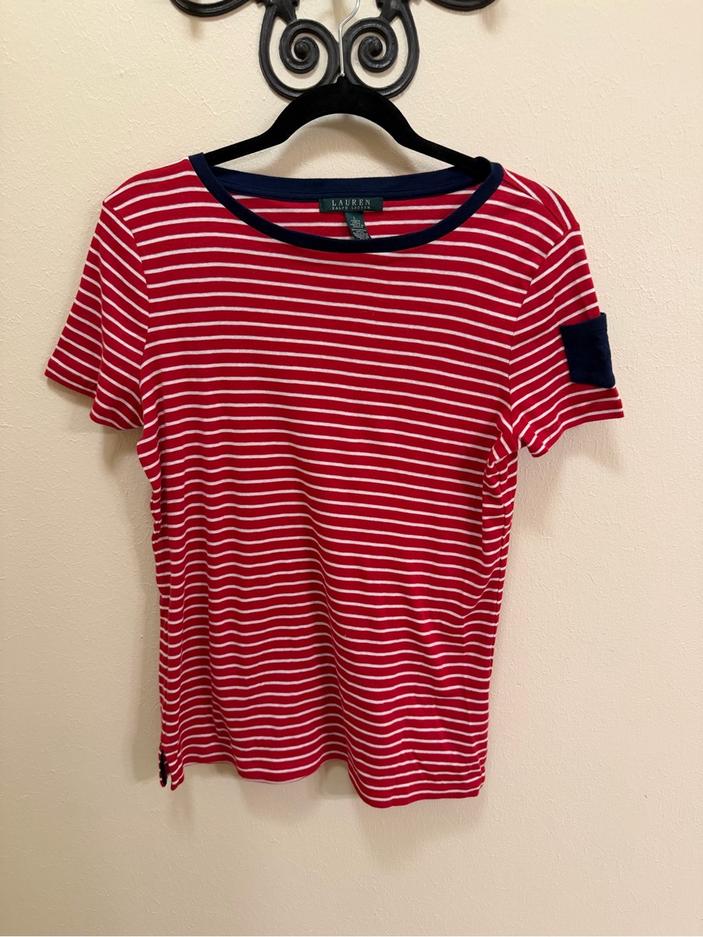 Lauren Ralph Lauren Red & White Striped Tee with Navy Trim